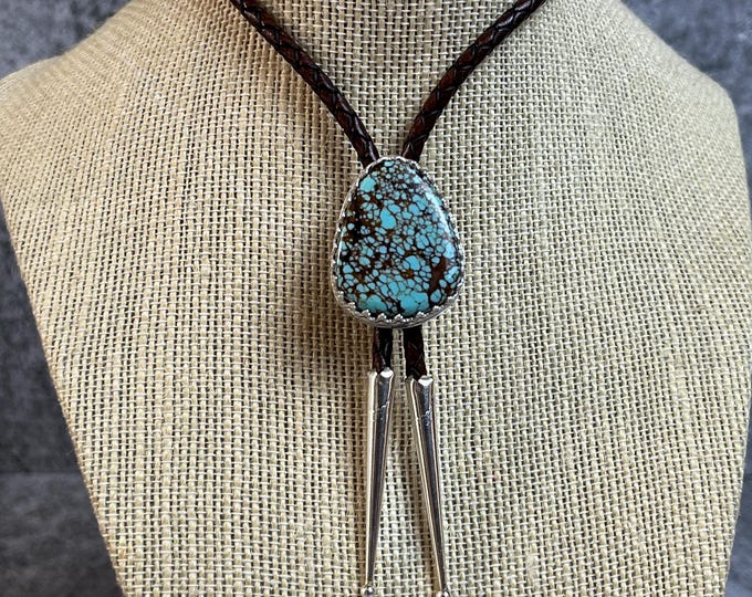 Bolo with Stabilized Royston Turquoise, 4mm Leather Braid, Handmade 925 Sterling Silver Setting, Sterling Silver Tips. 42 inch.
