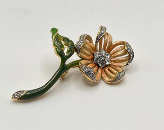 Vintage Nolan Miller Flower Brooch, Enamel and Rhinestones