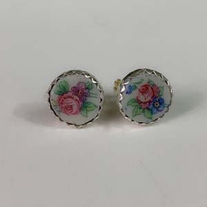 Handmade Tiny Rose Broken China Stud Earrings,Sterling Silver, MOTHERS DAY image 4