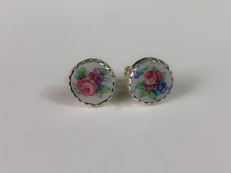 Handmade Tiny Rose Broken China Stud Earrings,Sterling Silver, MOTHERS DAY image 4