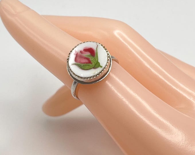 Handmade USA Broken China Ring , 925 Sterling Silver, Old Country Rose
