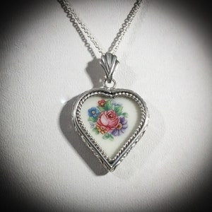 Handcrafted Floral Broken China Pendant, Pink Rose, Handcrafted Sterling Silver Custom Setting, Broken China Jewelry