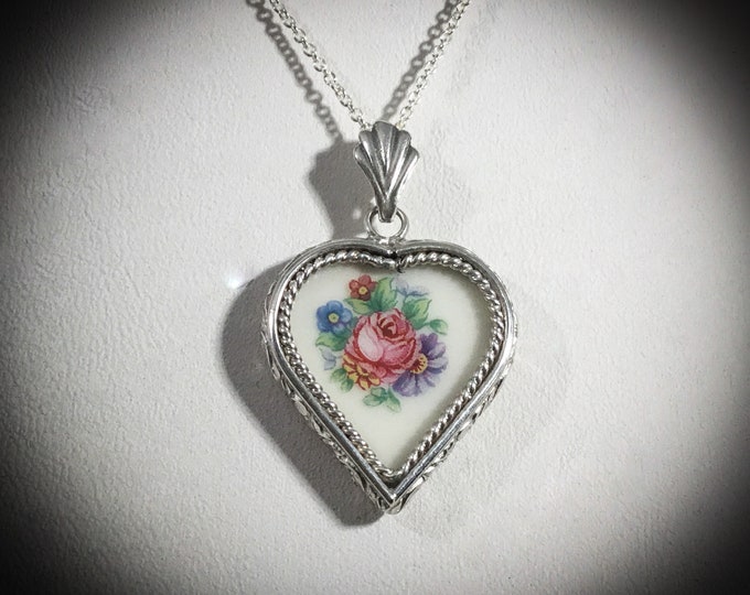 Handcrafted Floral Broken China Pendant, Pink Rose, Handcrafted Sterling Silver Custom Setting, Broken China Jewelry