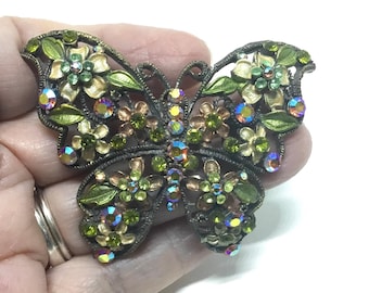 Vintage Rhinestone and Enamel Flower Butterfly Brooch