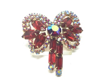 Vintage Red and AB Rhinestone Bow Brooch, Sparkly Beauty, High End Unsigned, Mothers Day Gift