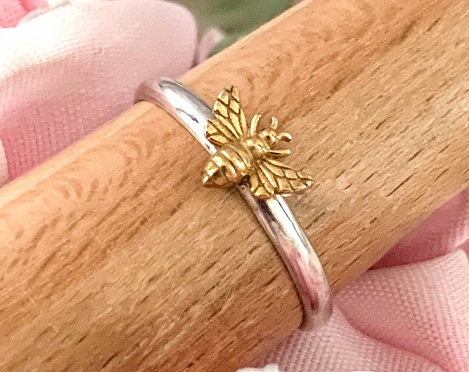 Mini Bee Ring, 925 Sterling Silver Bee and Ring, 24kt GP Silver Bee