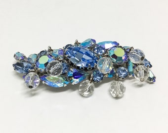 Vintage D & E Rhinestone and Bead Brooch, Dangle Faceted Glass Beads, Large Icy Blue Rhinestone Center, AB Blue Rhinestones