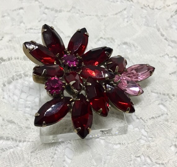 Vintage Flower Rhinestone Brooch, Red and Pink Rh… - image 7