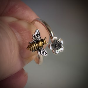 Sterling Silver Adjustable ByPass Bee Ring, 24kt Gold Plate, Made in USA