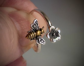 Sterling Silver Adjustable ByPass Bee Ring, 24kt Gold Plate, Made in USA