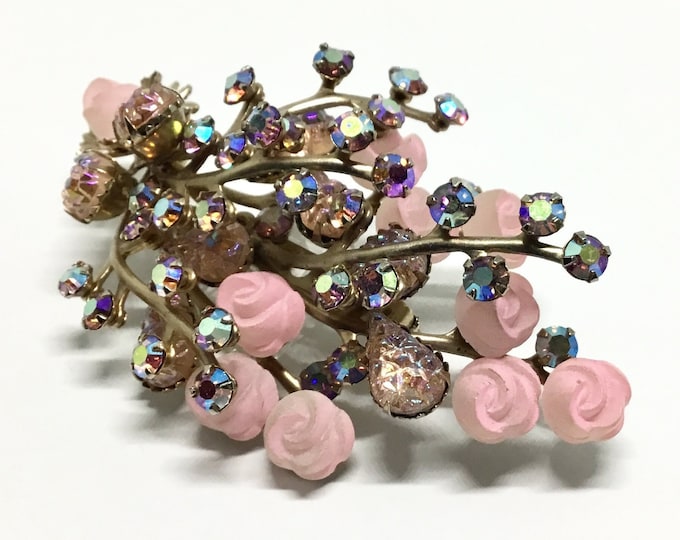 Vintage Pink Flower Spray Brooch, Pink Rhinestones, Pink Celluloid Roses, Rhinestone Jewelry, Large Floral Spray