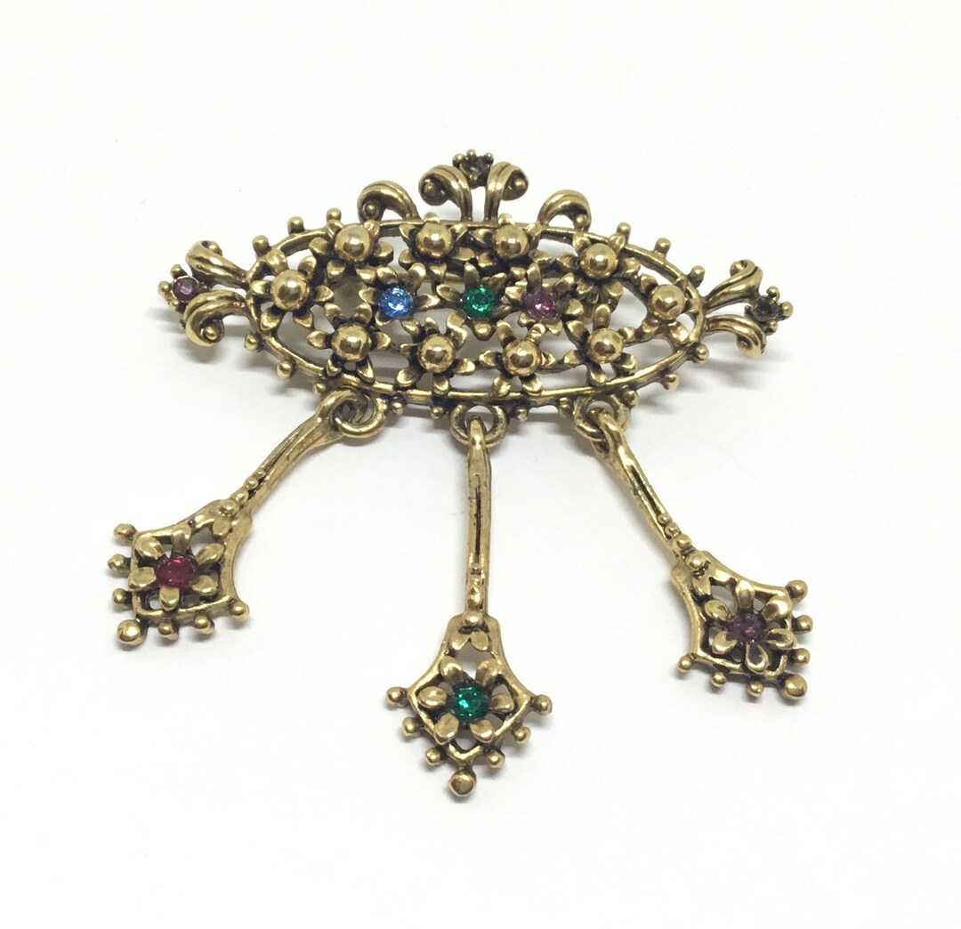 Broche Ancienne Dorée Avec Fleur Et Strass Central - Occasion, Bijou Vintage - Pour Col Ou Chapeau