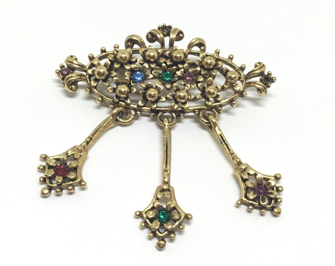 Vintage Goldtone Rhinestone Brooch: Openwork Floral Dangles