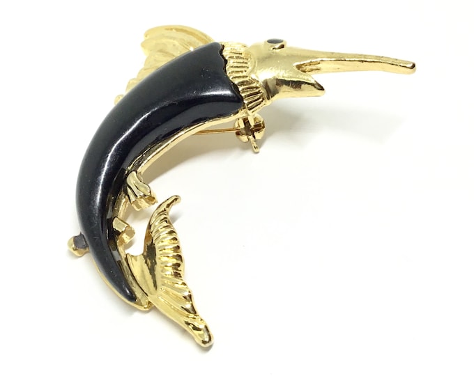 Vintage Sailfish Brooch, Goldtone Head Fins Sail, Black Plastic Body, Fishing Lovers