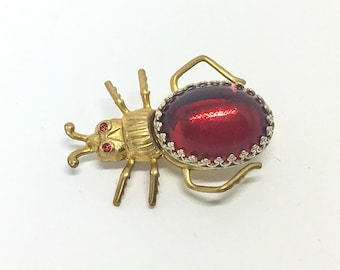 Handmade USA Steampunk Bug Brooch, Vintage Red European Crystal Body