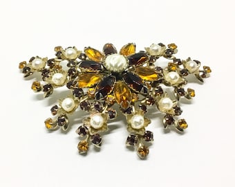 Vintage Judy Lee Floral Brooch: Amber Rhinestones & Faux Baroque Pearls