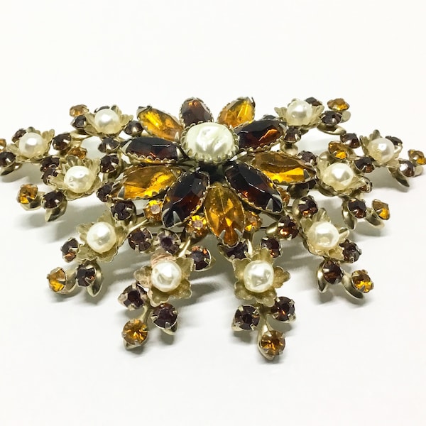Vintage Judy Lee Rhinestone Brooch, Faux Baroque Pearls, Floral Motif, Amber Color Rhinestones, Judy Lee Jewelry, Book Piece