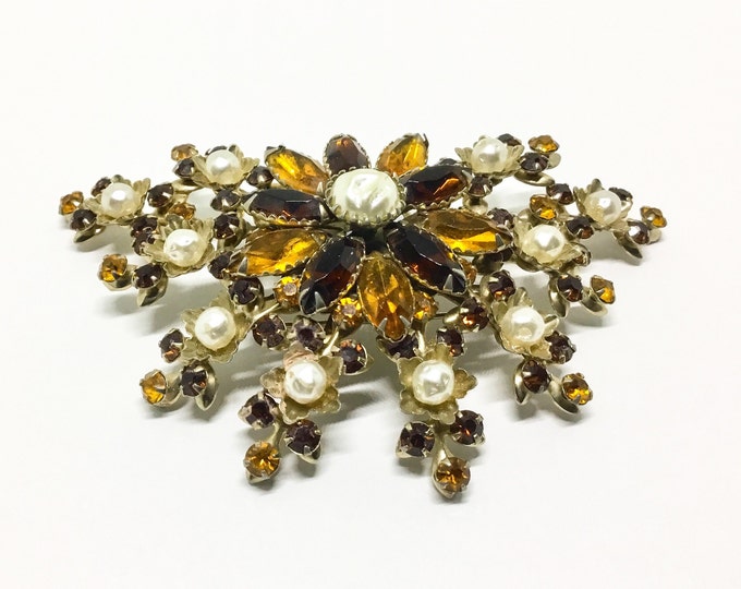 Vintage Judy Lee Rhinestone Brooch, Faux Baroque Pearls, Floral Motif, Amber Color Rhinestones, Judy Lee Jewelry, Book Piece