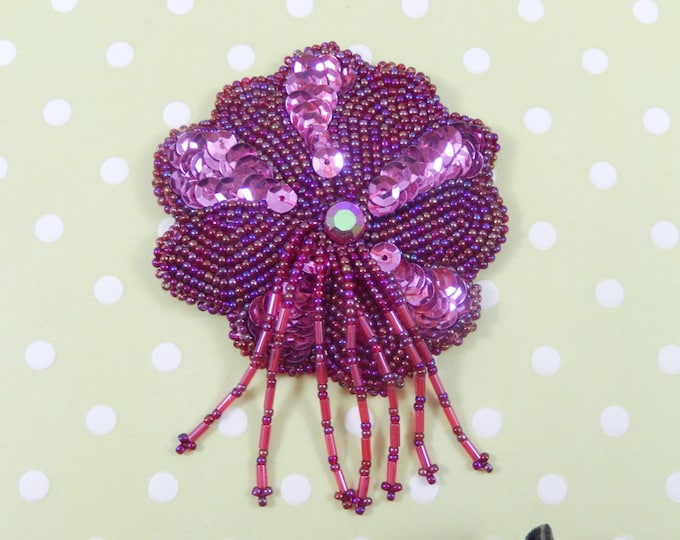 Vintage Large Pink Sequin Cranberry Red Glass Bead Flower with Bead Dangles Applique Brooch Pin