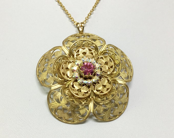 Brass Filigree Flower Pendant, Handcrafted, European Crystal, Five Layered Petals, European Crystal Flower, Goldtone  Chain