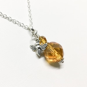 Sterling Silver Honey Bee Necklace: Honey Colored Crystal Bead