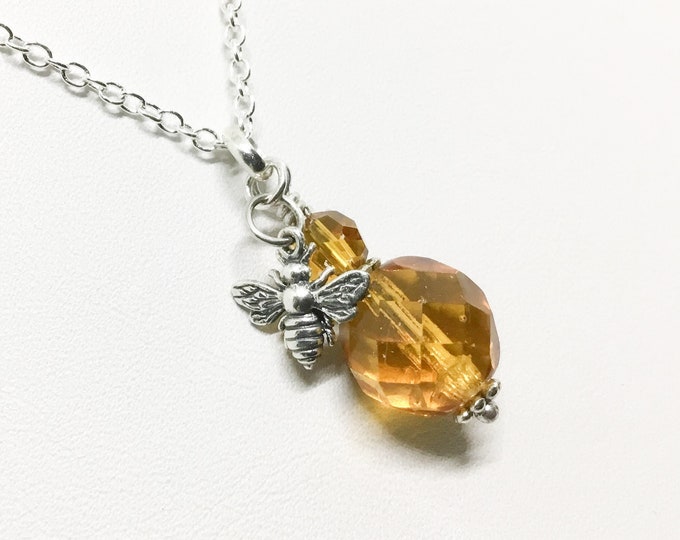 Handcrafted Honey Bee and Honey Colored Beads Necklace, Sterling Silver Bee Bale Headpin, Bee and Honey Jewelry, Bee Lovers