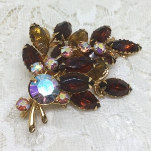 Vintage Amber  and AB Rhinestone Leaf Brooch Pin