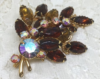 Vintage Amber  and AB Rhinestone Leaf Brooch Pin