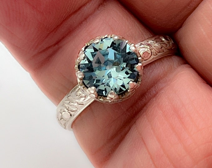 Handmade USA, Aquamarine Austrian 8mm crystal, 925 sterling silver setting and band, hand made, various sizes, statement ring