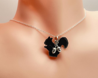 Black Enamel Squirrel Pendant, Silvertone Acorn Dangle, Sterling Silver Setting, Handcrafted in USA,Gift Idea