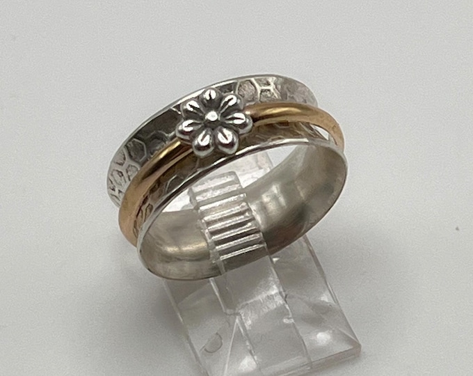 Handmade Flower Spinner Ring, Sterling Silver Band,14/20  Gold Filled Spinner with Sterling Flower, Great Gift Idea
