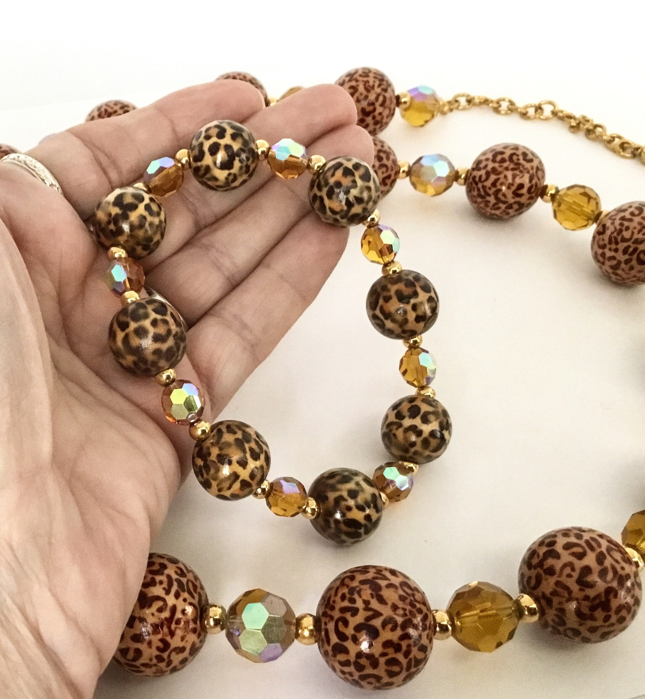 Vintage Joan Rivers Leopard Bead Necklace and Bracelet, Classic