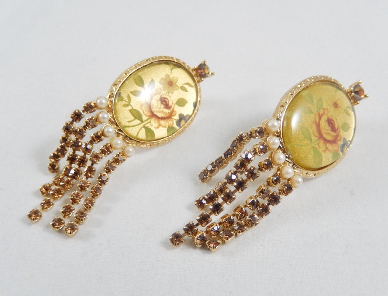Vintage 1990 Vintage Floral Picture Clip Earrings Picture Under Glass Rhinestone Dangles