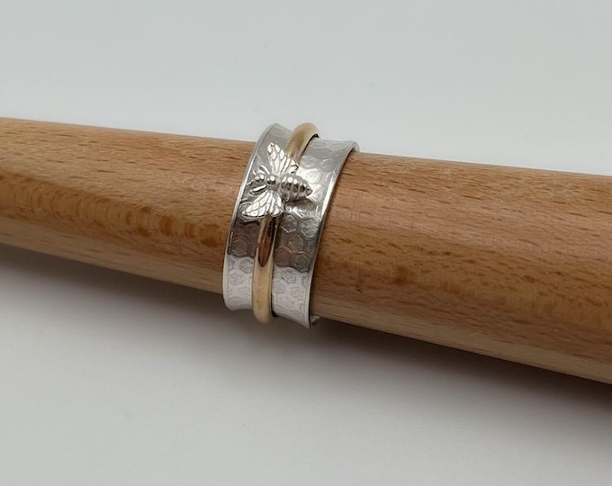 Handmade USA Sterling Silver Honey Comb Embossed Spinner Ring with Gold Filled Spinner and Silver Bee
