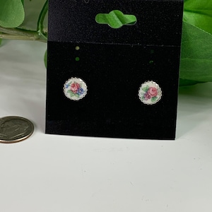 Handmade Tiny Rose Broken China Stud Earrings,Sterling Silver, MOTHERS DAY image 1