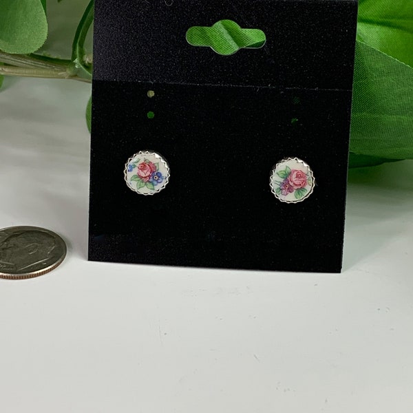 Handmade Tiny Rose Broken China Stud Earrings,Sterling Silver, MOTHERS DAY