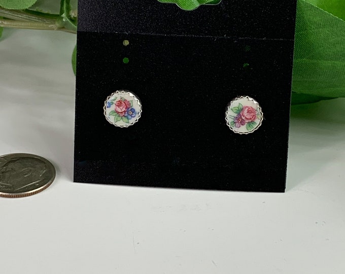 Handmade Tiny Rose Broken China Stud Earrings,Sterling Silver, MOTHERS DAY