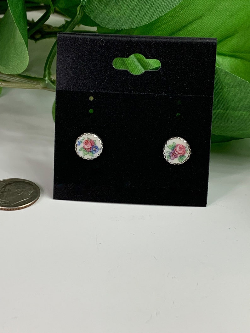 Handmade Tiny Rose Broken China Stud Earrings,Sterling Silver, MOTHERS DAY image 1