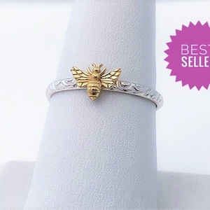 Dainty Honey Bee Ring with 24kt Goldplated Silver Bee, Filigree Band, Handmade USA
