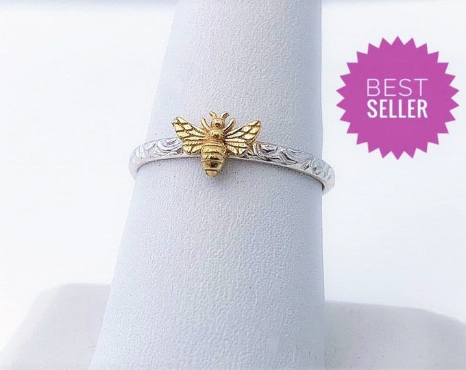 Dainty Honey Bee Ring with 24kt Goldplated Silver Bee, Filigree Band, Handmade USA