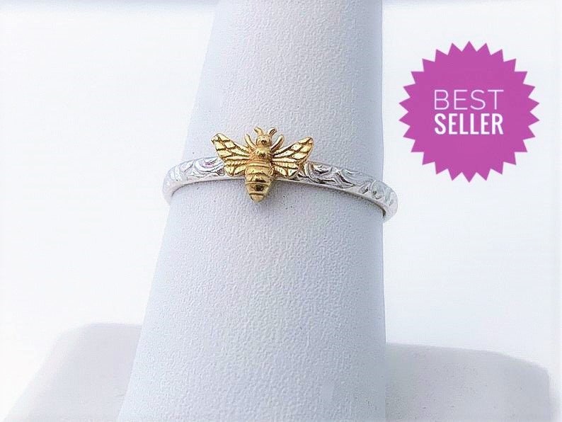 Dainty Honey Bee Ring with 24kt Goldplated Silver Bee, Filigree Band, Handmade USA image 1