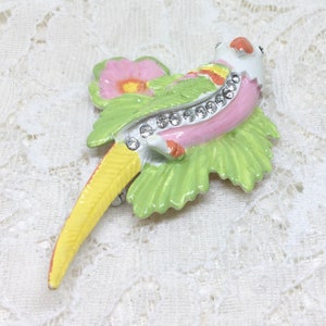Vintage Pastel Enamel Rhinestone Flower Leaf Tropical Parrot Brooch Pin