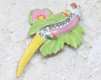 Vintage Pastel Enamel Rhinestone Flower Leaf Tropical Parrot Brooch Pin