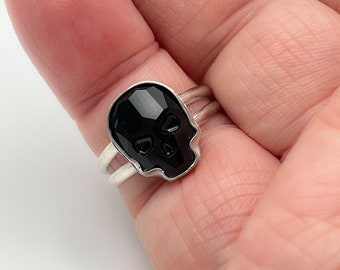 Handmade Sterling Silver Skull Ring: Austrian Jet Black Crystal