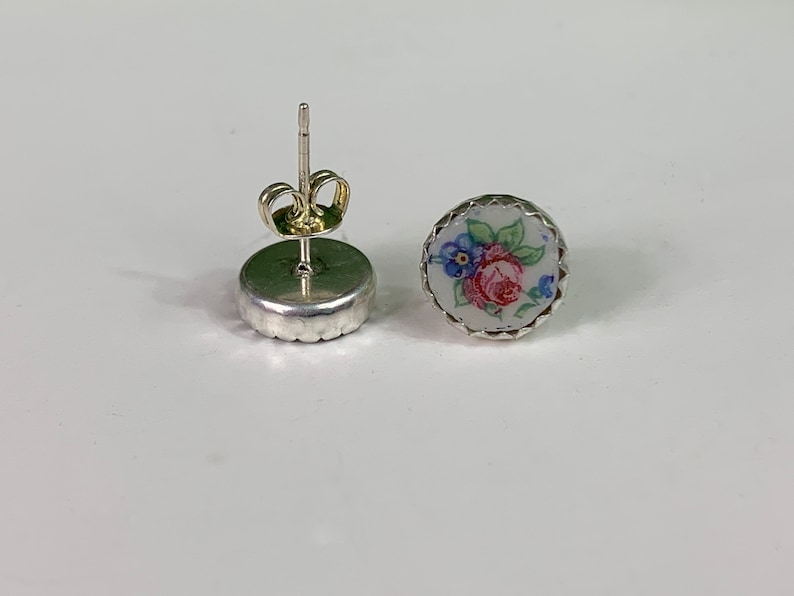 Handmade Tiny Rose Broken China Stud Earrings,Sterling Silver, MOTHERS DAY image 3