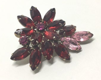Vintage Flower Rhinestone Brooch, Red and Pink Rhinestone Brooch, Rhinestone Jewelry,