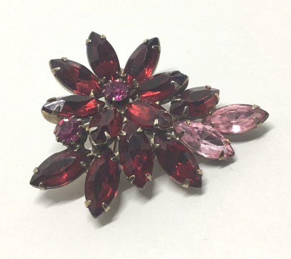 Vintage Flower Rhinestone Brooch, Red and Pink Rh… - image 1