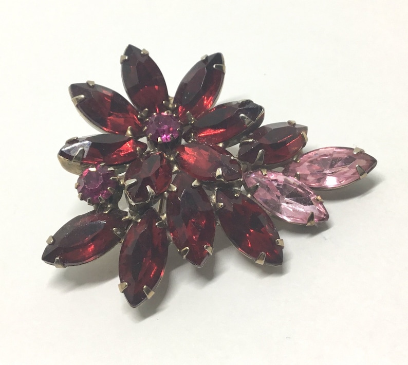 1990s Vintage Brooch Floral Red /& Hot Pink Rhinestone Brooch Gold Plated