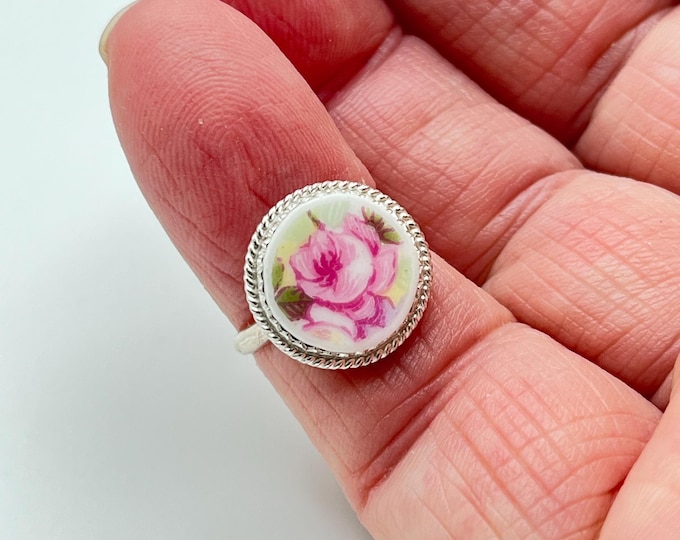 Handmade USA Broken China Ring from Vintage French Limoges Plate, 925 Sterling Silver