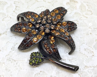 Vintage Joan River Signed Rhinestone Large Flower Brooch Pin